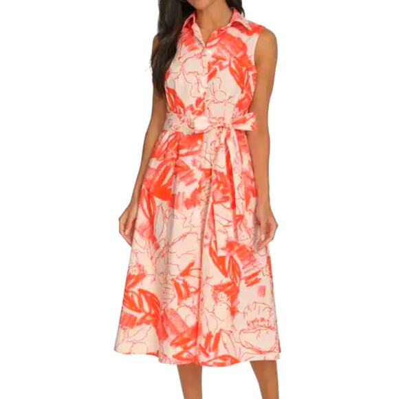 Calvin Klein Orange Tropical Sleeveless Cotton Button Up Midi Shirt Dress Size 6 - Picture 1 of 6